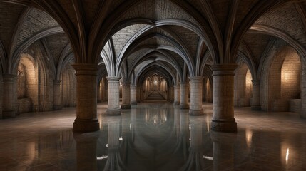 Naklejka premium Majestic gothic underground crypt with arched ceilings and stone columns architectural marvel for historical and design inspiration
