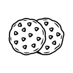 Hand drawn illustration of two chocolate chip cookies with a simple outline style
