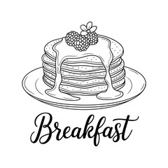 Hand drawn stack of delicious pancakes with berries and syrup on a plate