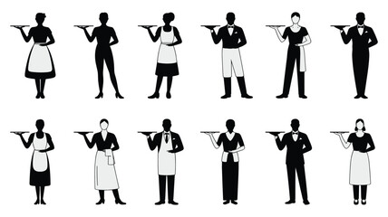 Collection of Waiter and Waitress Silhouettes Serving Trays server service