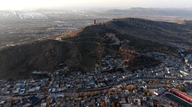Aerial shot of Liu Qishan Temple in Xining