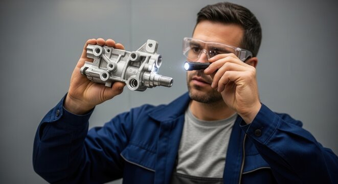 A technician examines a mechanical component using a flashlight in a workshop setting. The mood is focused and professional, highlighting attention to detail.