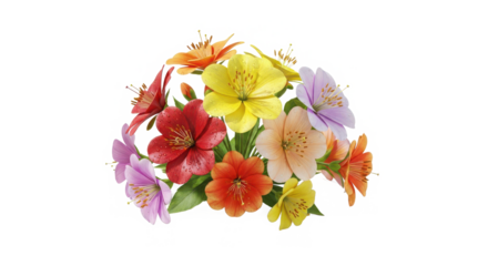 A vibrant and colorful bouquet of artificial flowers featuring red pink yellow purple and orange blooms isolated on transparent background