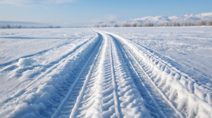 Snowy road tracks in winter scene