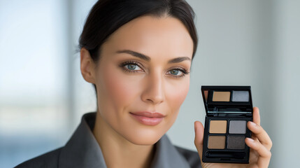 Woman holding eyeshadow palette indoors