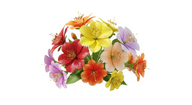 A vibrant and colorful bouquet of artificial flowers featuring red pink yellow purple and orange blooms isolated on transparent background