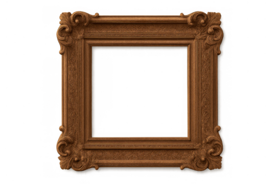 Ornate square wooden picture frame with vintage baroque carving details for displaying artwork, transparent background