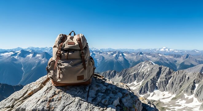 Tan canvas backpack rests on rocky mountain peak with snowy peaks background leather
