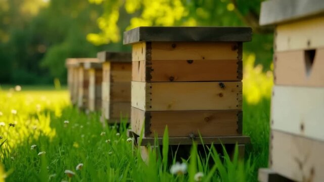 Wooden beehives in a green field with grass and wildflowers, representing beekeeping and sustainable agriculture.