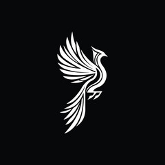 White Phoenix Bird Rising With Spread Wings On Black Background