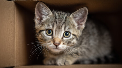 Kitten looking curious in cardboard box