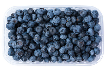 Blueberries in a plastic container isolated on a white background.