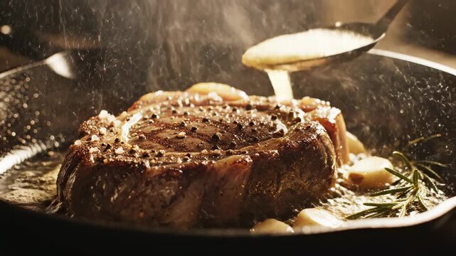 Delicious steak sizzling in a pan with garlic and rosemary.