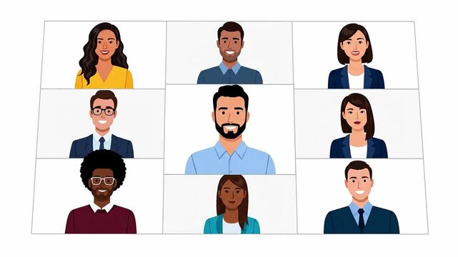 Animated Diverse Group Meeting Online Showcasing Team Collaboration, Communication and Video