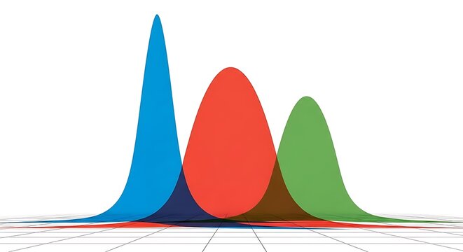 Three overlapping bell curves blue red green on grid graph chart