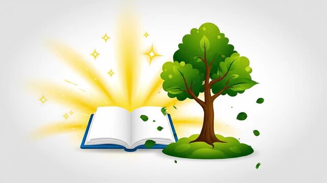 Animated educational journey depicting the growth of a tree from knowledge through a book,