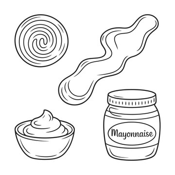 Hand drawn illustration of mayonnaise in a jar bowl swirl and splat