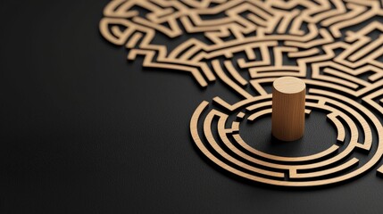 legal intellectual property strategy concept. A maze with a wooden post at the center on a dark surface.