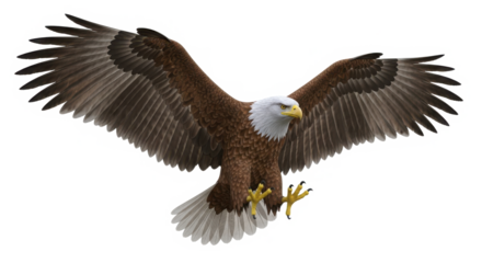 Majestic bald eagle with wings spread wide in flight talons extended isolated on transparent background