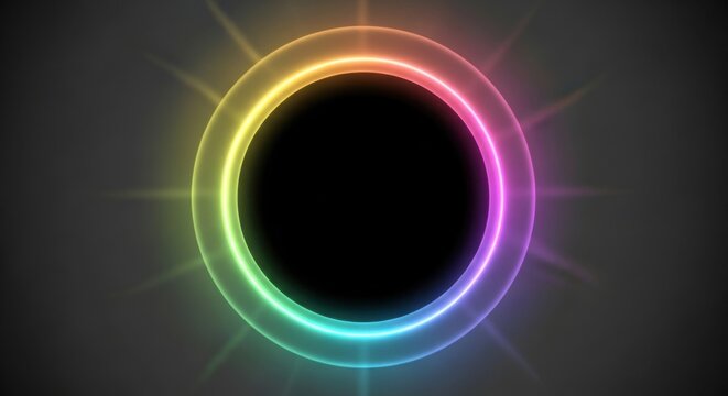 Rainbow circle glows with vibrant neon colors against a dark gray backdrop creating an abstract and futuristic design that suggests energy and innovation perfect for technology or creative projects.