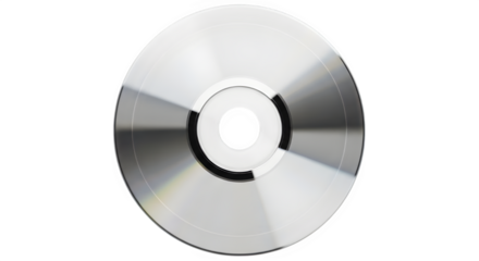Shiny silver compact disc with a black hole in the center on a black background