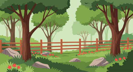 A serene forest path bordered by trees and a rustic wooden fence.