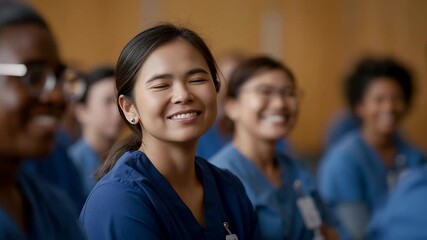 Smiling group of medical students in blue scrubs attending a training session together in a bright classroom setting focused on learning and teamwork