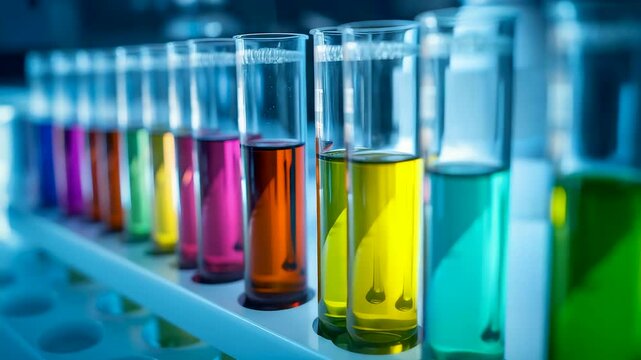 Colorful laboratory test tubes filled with vibrant chemical solutions arranged in a bright scientific workspace under cool blue lighting