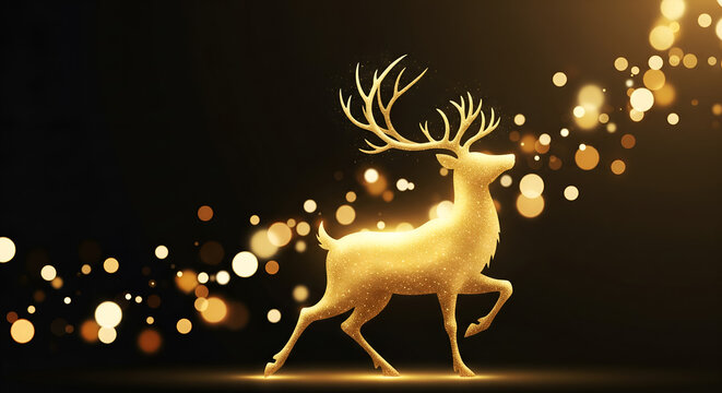 Majestic Golden Reindeer with Sparkling Lights on Black Background