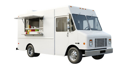 Clean white food truck with serving window open on a black background