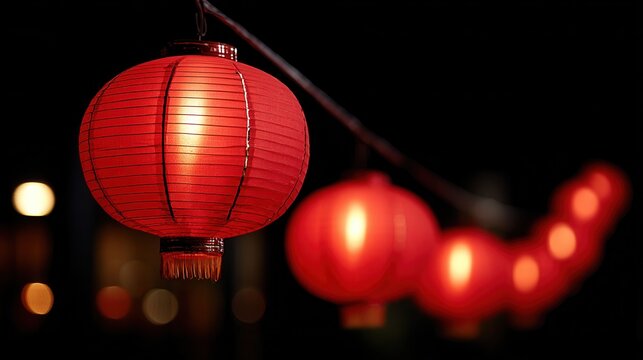 A series of glowing red lanterns hang against a dark background, creating a festive and warm atmosphere, ideal for cultural celebrations or events.