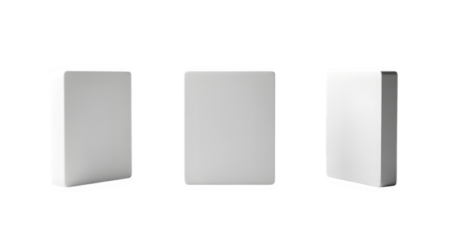 Three blank white hardcover books displayed from different angles on a black background