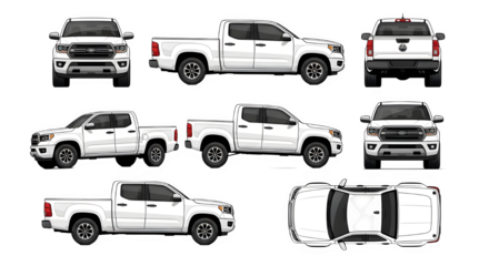 Collection of white pickup trucks shown from multiple angles on black background