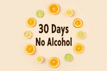 A creative arrangement of citrus fruits surrounding a motivational message about abstaining from alcohol for 30 days. Bright and vibrant colors.