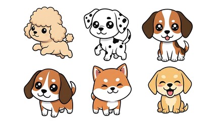 Obraz premium Collection of six adorable cartoon puppies of different breeds including poodle, dalmatian, beagle, shiba inu, and labrador, isolated on white background