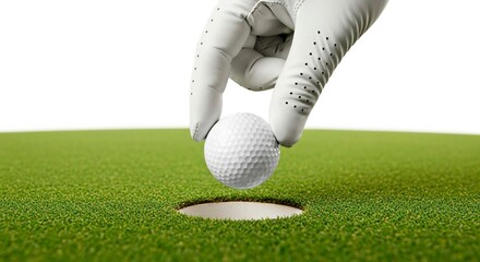 A gloved hand placing a golf ball into the hole on a green golf course with a white background look