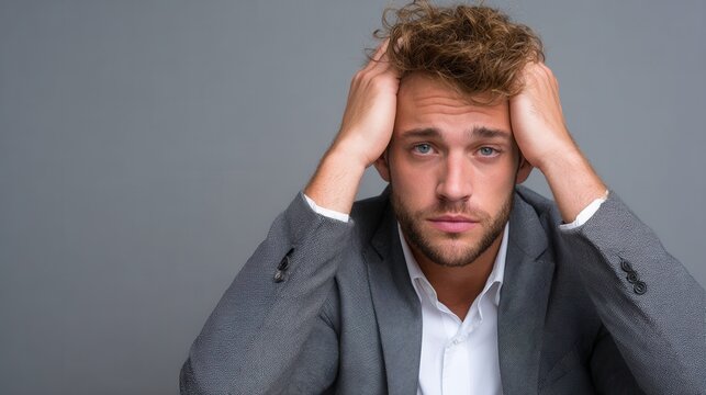 A young man in a business suit shows signs of frustration and stress. The neutral background emphasizes his expression, suitable for themes of work pressure. - Powered by Adobe