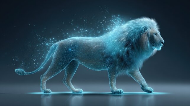 Majestic lion composed of glowing cyan and blue digital elements for futuristic design and creative projects