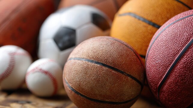 Close-up of Various Sports Balls Including Basketball Soccer Baseball and Football