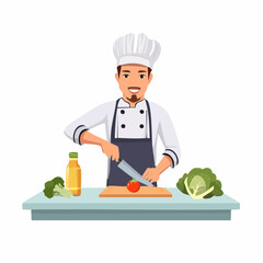 Cartoon chef chopping tomato on cutting board beside oil bottle and fresh vegetables