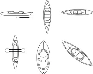 Kayak outline top view illustration, canoe design silhouette, boating equipment icon, outdoor adventure water sport, travel recreation, minimal line drawing, vector art