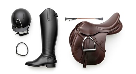 A flat lay of equestrian equipment including a helmet a boot a crop and a brown leather saddle