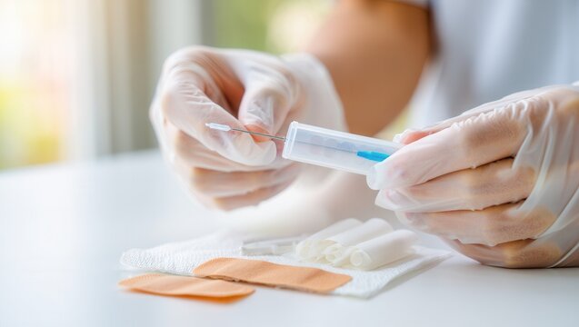 A healthcare worker in gloves prepares a syringe for an injection. The setting is clean and clinical, conveying a sense of professionalism and care.