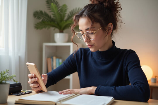 Young Woman Focused While Studying on Phone at Desk in Cozy Home Office with Plants and Soft Lighting.