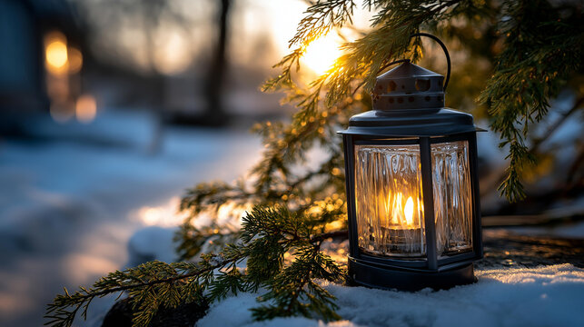 Christmas lantern on snow with fir branch in sunlight faceless winter decoration defocused snowy background seasonal outdoor décor winter holiday atmosphere peaceful festive