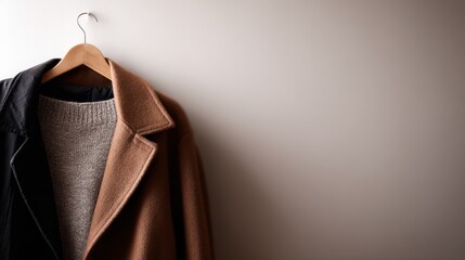 Brown long coat and sweater paired with black jacket, hanging on clothing hanger, stylish outfit presentation