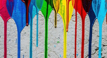 Rainbow paint drips down a cracked textured wall creating a vibrant abstract background perfect for artistic projects or designs needing a splash of color and creative flair.