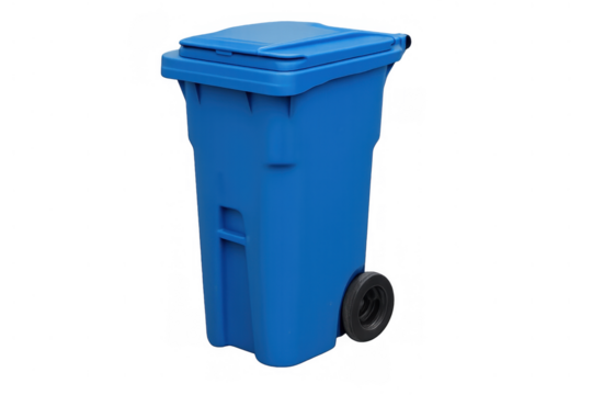 Blue plastic recycling bin on wheels, concept of waste management, environmental protection, and domestic cleanup on transparent background