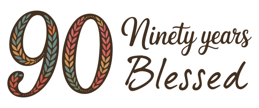 Festive ninety years blessed design colorful knitted texture for a 90th birthday celebration isolated on white