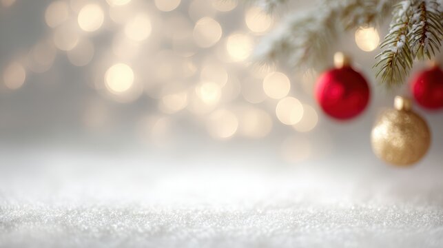 Christmas holiday background with snow, fir tree branches, golden and red ornaments, and glowing festive lights